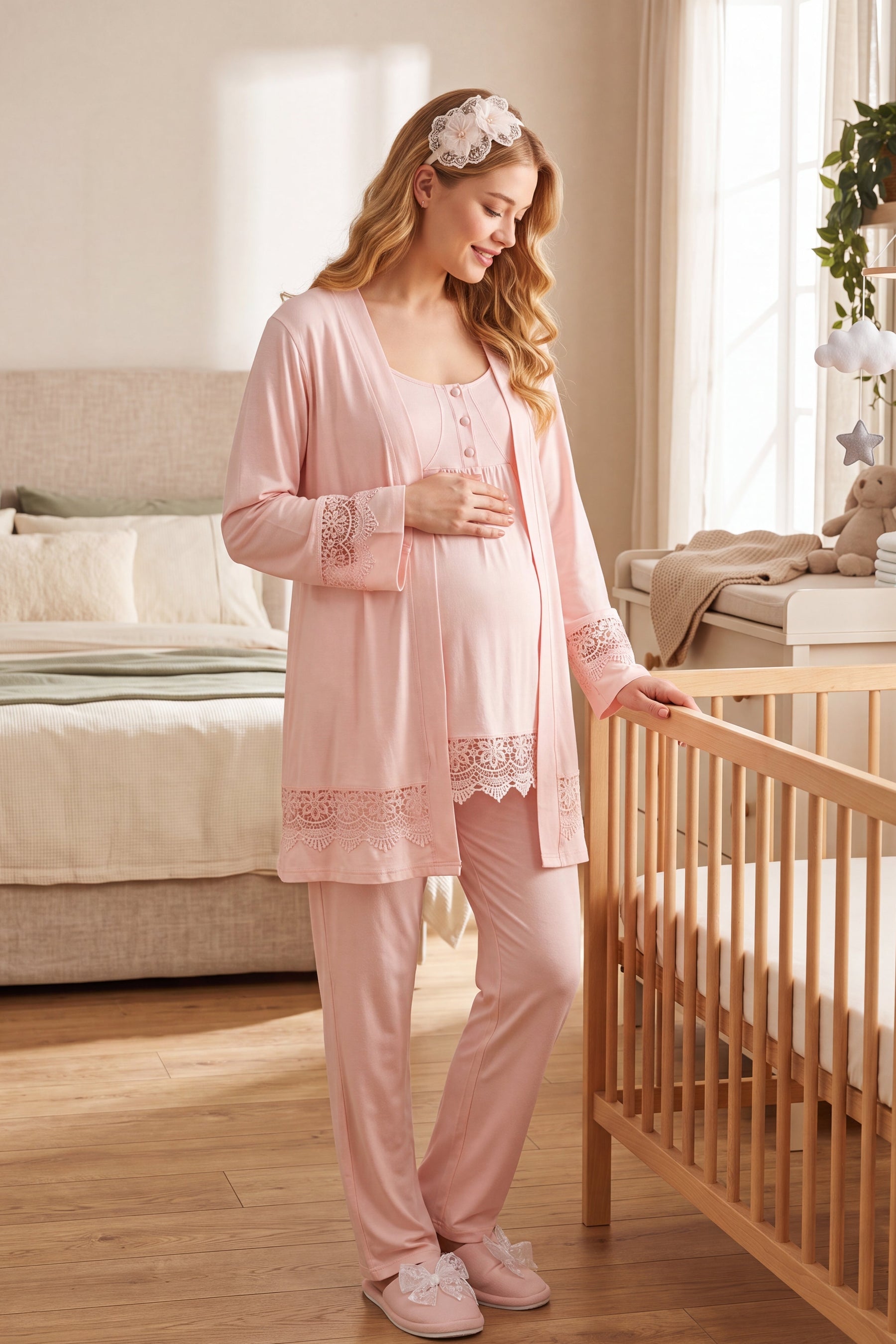 Lace Detailed Strappy 3-Piece Maternity-Nursing Pajama & Robe Set Powder - 6405