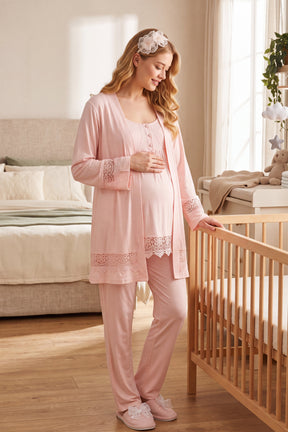Lace Detailed Strappy 3-Piece Maternity-Nursing Pajama & Robe Set Powder - 6405