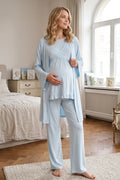 Breastfeeding Detailed 3-Piece Maternity Feeding-Friendly Pajama & Robe Set Blue - L640