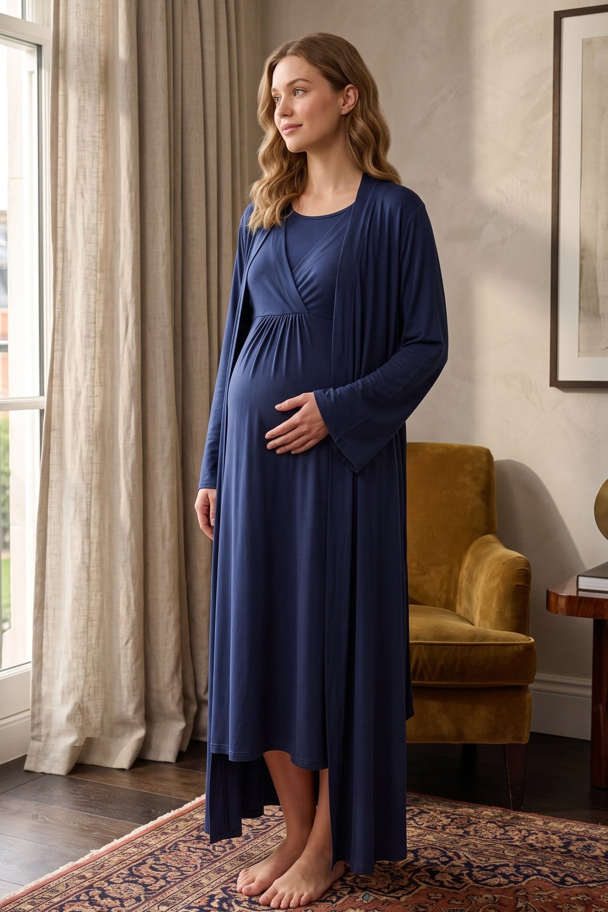 Breastfeeding Detailed Maternity Feeding-Friendly Nightgown & Robe Set Navy Blue - L650