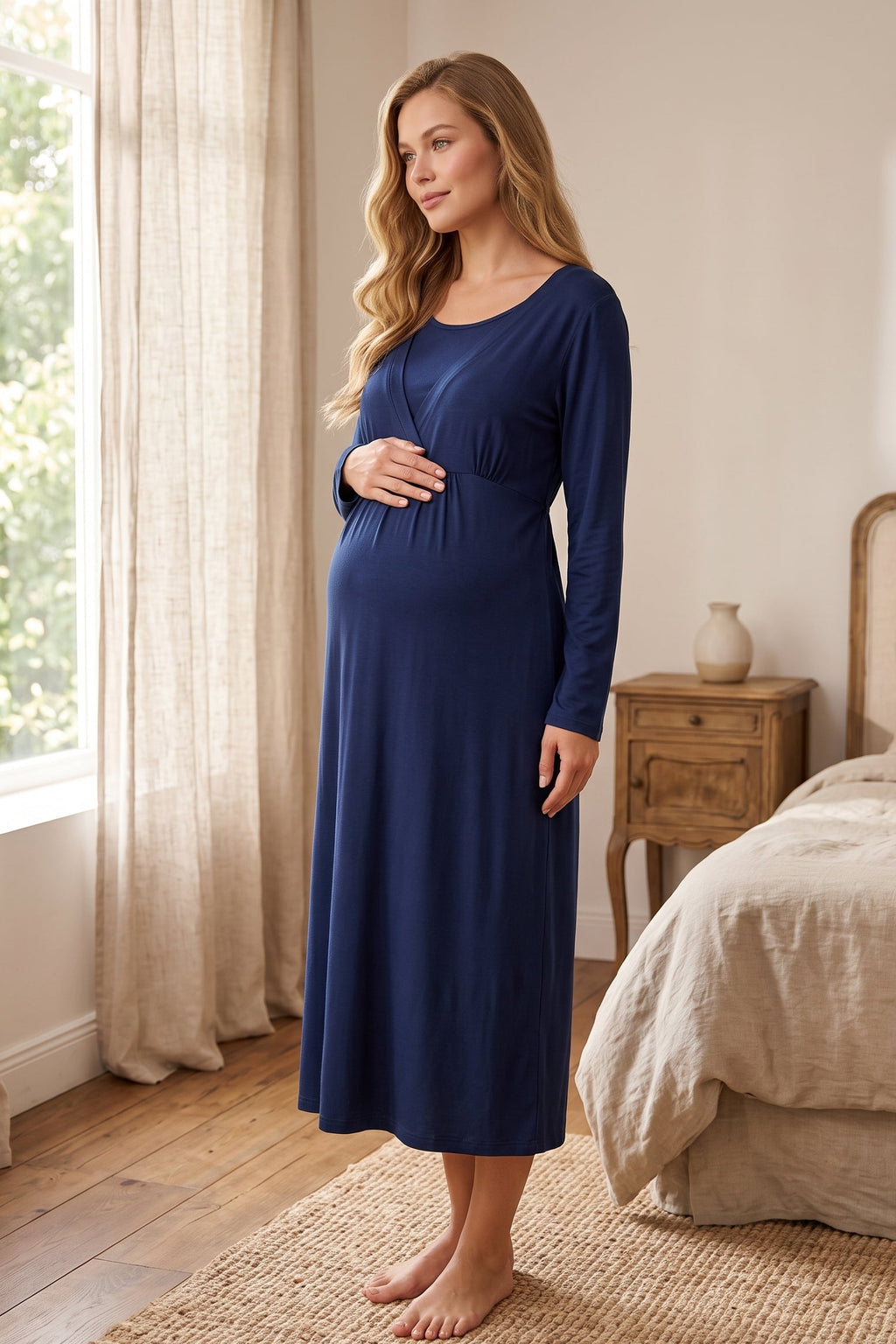 Breastfeeding Detailed Maternity Feeding-Friendly Nightgown & Robe Set Navy Blue - L650
