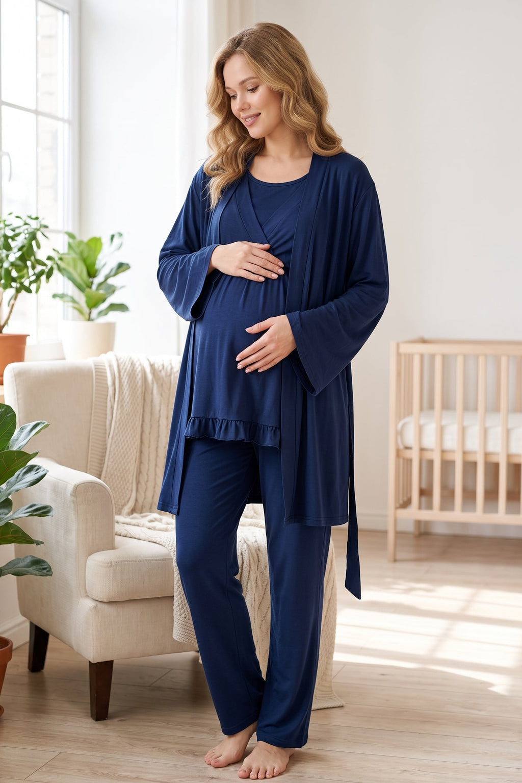 Breastfeeding Detailed 3-Piece Maternity Feeding-Friendly Pajama & Robe Set Navy Blue - L651