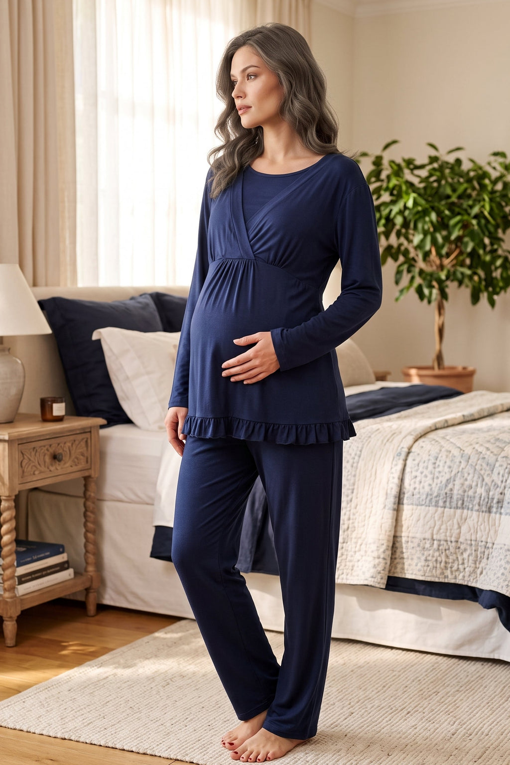 Breastfeeding Detailed 3-Piece Maternity Feeding-Friendly Pajama & Robe Set Navy Blue - L651