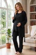 Breastfeeding Detailed 3-Piece Maternity Feeding-Friendly Pajama & Robe Set Black - L652