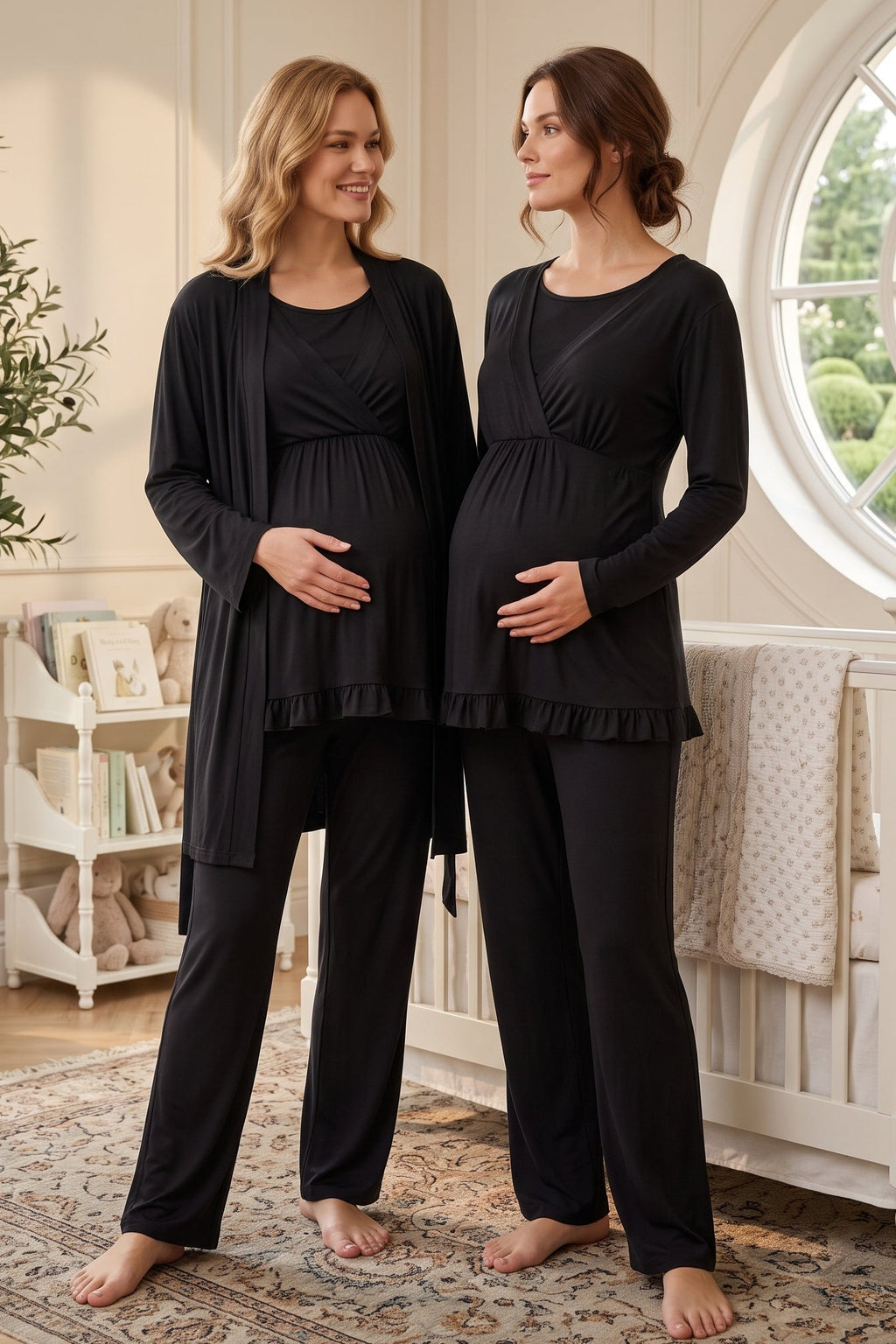Breastfeeding Detailed 3-Piece Maternity Feeding-Friendly Pajama & Robe Set Black - L652