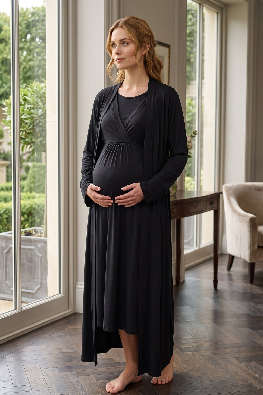 Breastfeeding Detailed Maternity Feeding-Friendly Nightgown & Robe Set Black - L653