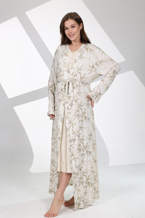 Lacy Panel Maternity-Nursing Nightgown & Patterned Robe Set Beige - 701