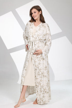 Lacy Panel Maternity-Nursing Nightgown & Patterned Robe Set Beige - 701