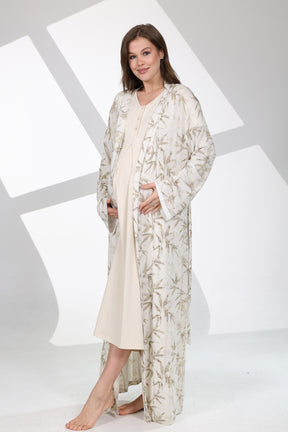 Lacy Panel Maternity-Nursing Nightgown & Patterned Robe Set Beige - 701