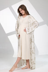 Lacy Panel Maternity-Nursing Nightgown & Patterned Robe Set Beige - 701