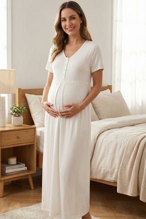 Lacy Panel Maternity-Nursing Nightgown & Patterned Robe Set Beige - 701