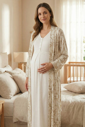 Lacy Panel Maternity-Nursing Nightgown & Patterned Robe Set Beige - 701