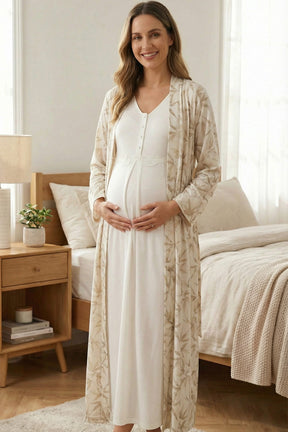 Lacy Panel Maternity-Nursing Nightgown & Patterned Robe Set Beige - 701