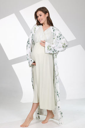 Lace Collar Maternity-Nursing Nightgown & Patterned Robe Set Green - 702