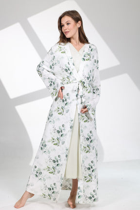 Lace Collar Maternity-Nursing Nightgown & Patterned Robe Set Green - 702