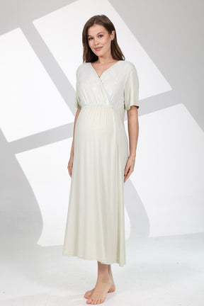 Lace Collar Maternity-Nursing Nightgown & Patterned Robe Set Green - 702