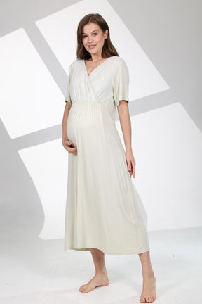 Lace Collar Maternity-Nursing Nightgown & Patterned Robe Set Green - 702