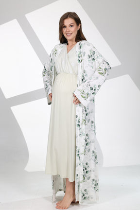 Lace Collar Maternity-Nursing Nightgown & Patterned Robe Set Green - 702