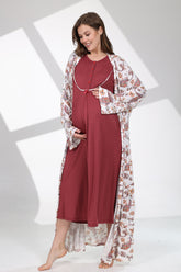 Crew-Neck Maternity-Nursing Nightgown & Patterned Robe Set Claret Red - 703