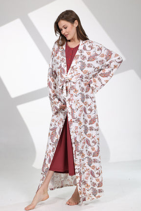 Crew-Neck Maternity-Nursing Nightgown & Patterned Robe Set Claret Red - 703