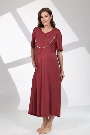 Crew-Neck Maternity-Nursing Nightgown & Patterned Robe Set Claret Red - 703