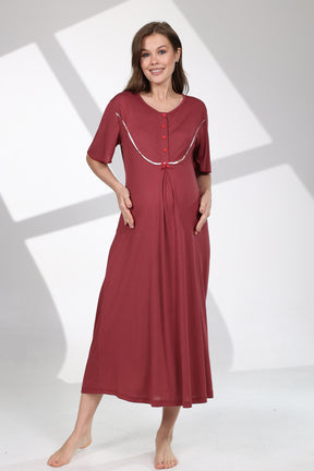 Crew-Neck Maternity-Nursing Nightgown & Patterned Robe Set Claret Red - 703