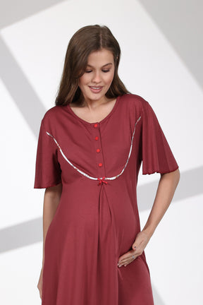 Crew-Neck Maternity-Nursing Nightgown & Patterned Robe Set Claret Red - 703