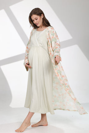 Bias Double Breasted Maternity-Nursing Nightgown & Patterned Robe Set Green - 704