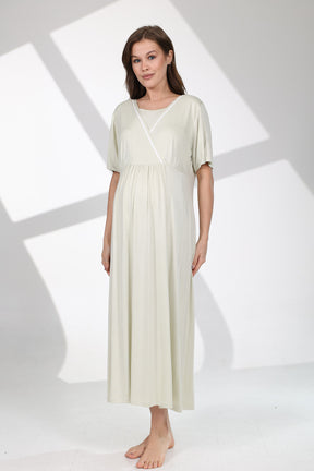 Bias Double Breasted Maternity-Nursing Nightgown & Patterned Robe Set Green - 704