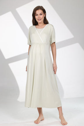 Bias Double Breasted Maternity-Nursing Nightgown & Patterned Robe Set Green - 704