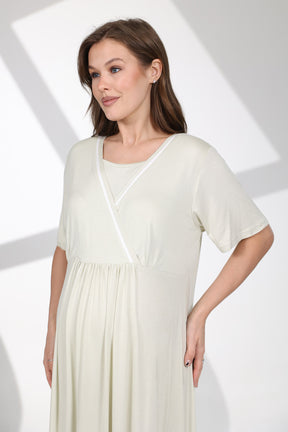 Bias Double Breasted Maternity-Nursing Nightgown & Patterned Robe Set Green - 704