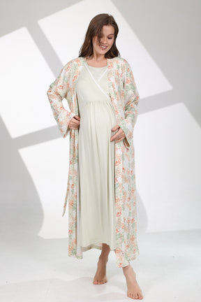 Bias Double Breasted Maternity-Nursing Nightgown & Patterned Robe Set Green - 704