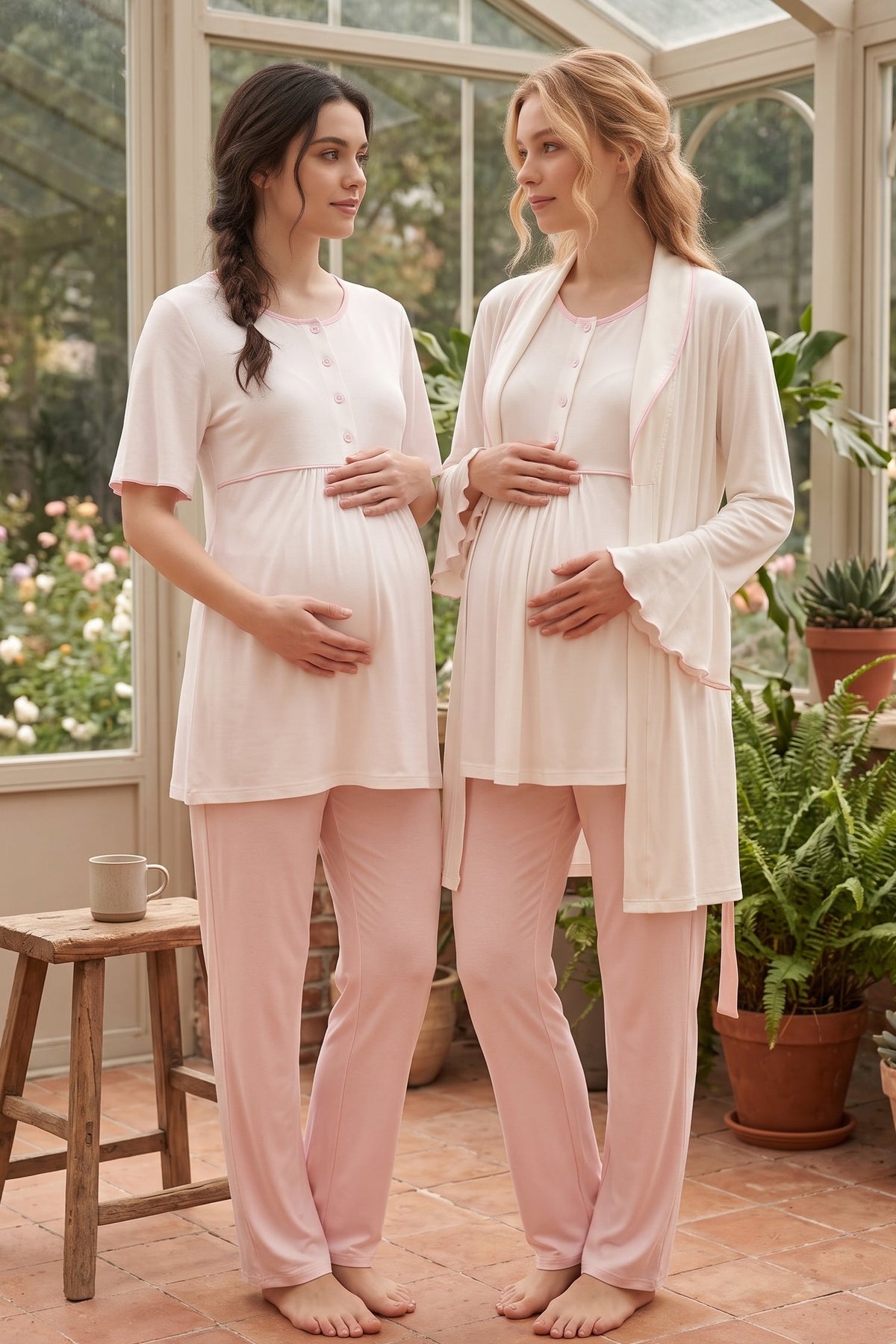 Pink Bias 3-Piece Maternity Feeding-Friendly Pajama & Flywheel Arm Robe Set Pink - L709