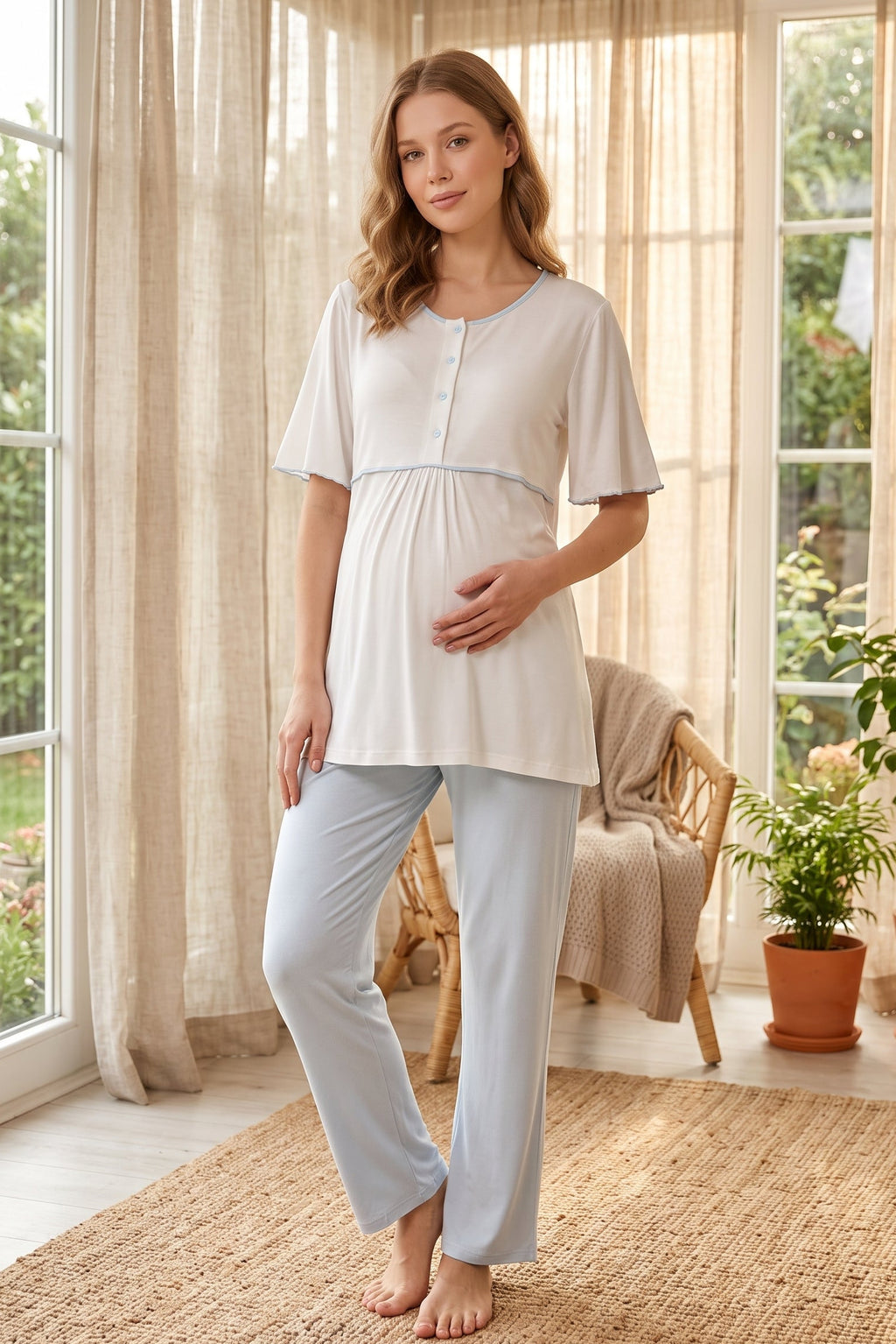 Blue Bias 3-Piece Maternity Feeding-Friendly Pajama & Flywheel Arm Robe Set Blue - L710