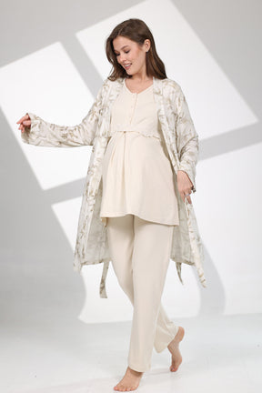 Lacy Panel 3-Piece Maternity-Nursing Pajama & Patterned Robe Set Beige - 711