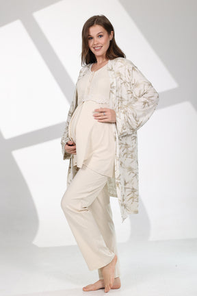 Lacy Panel 3-Piece Maternity-Nursing Pajama & Patterned Robe Set Beige - 711