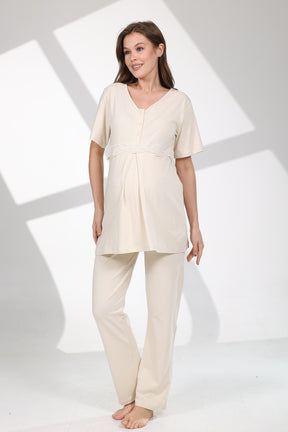 Lacy Panel 3-Piece Maternity-Nursing Pajama & Patterned Robe Set Beige - 711