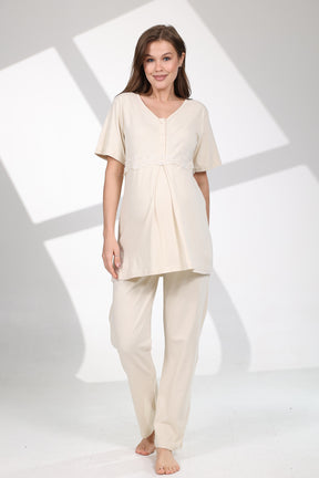 Lacy Panel 3-Piece Maternity-Nursing Pajama & Patterned Robe Set Beige - 711