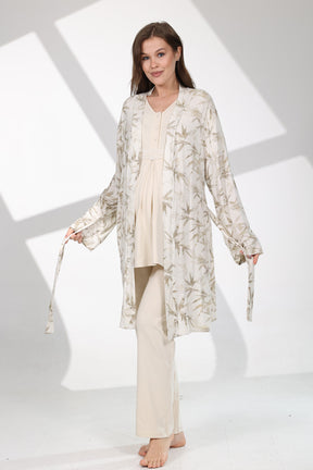 Lacy Panel 3-Piece Maternity-Nursing Pajama & Patterned Robe Set Beige - 711