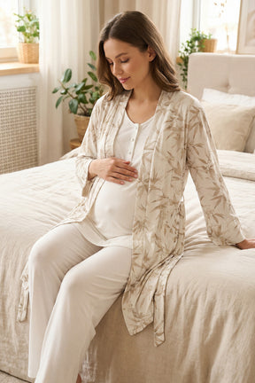 Lacy Panel 3-Piece Maternity-Nursing Pajama & Patterned Robe Set Beige - 711
