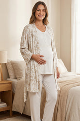 Lacy Panel 3-Piece Maternity-Nursing Pajama & Patterned Robe Set Beige - 711