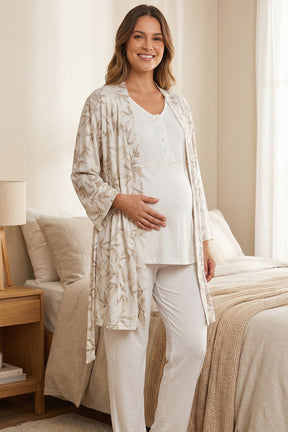 Lacy Panel 3-Piece Maternity-Nursing Pajama & Patterned Robe Set Beige - 711