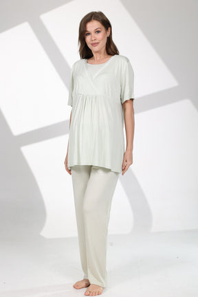 Bias Double Breasted 3-Piece Maternity-Nursing Pajama & Patterned Robe Set Green - 713