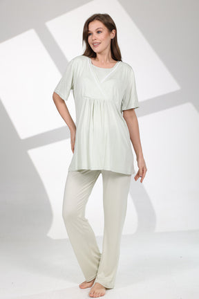 Bias Double Breasted 3-Piece Maternity-Nursing Pajama & Patterned Robe Set Green - 713