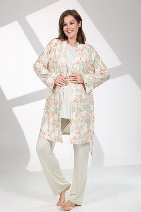 Bias Double Breasted 3-Piece Maternity-Nursing Pajama & Patterned Robe Set Green - 713