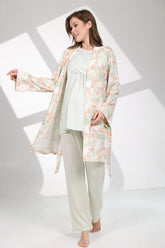 Bias Double Breasted 3-Piece Maternity-Nursing Pajama & Patterned Robe Set Green - 713