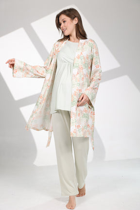 Bias Double Breasted 3-Piece Maternity-Nursing Pajama & Patterned Robe Set Green - 713