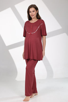 Crew-Neck 3-Piece Maternity-Nursing Pajama & Patterned Robe Set Claret Red - 714