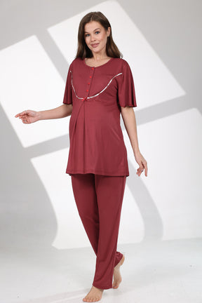 Crew-Neck 3-Piece Maternity-Nursing Pajama & Patterned Robe Set Claret Red - 714