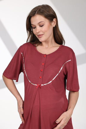 Crew-Neck 3-Piece Maternity-Nursing Pajama & Patterned Robe Set Claret Red - 714